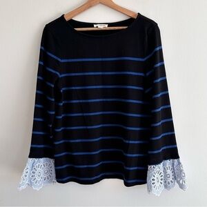 BeachLunchLounge breton striped cotton navy long sleeve with embroidered ruffles